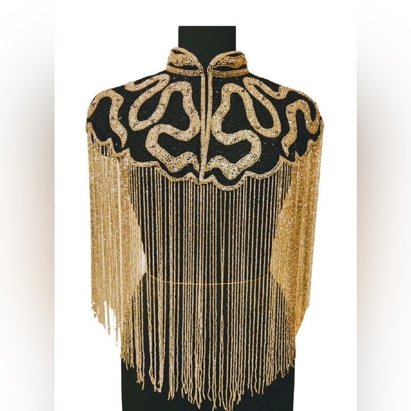Jackets & Blazers - Gold and Black Beaded Fringe Cape